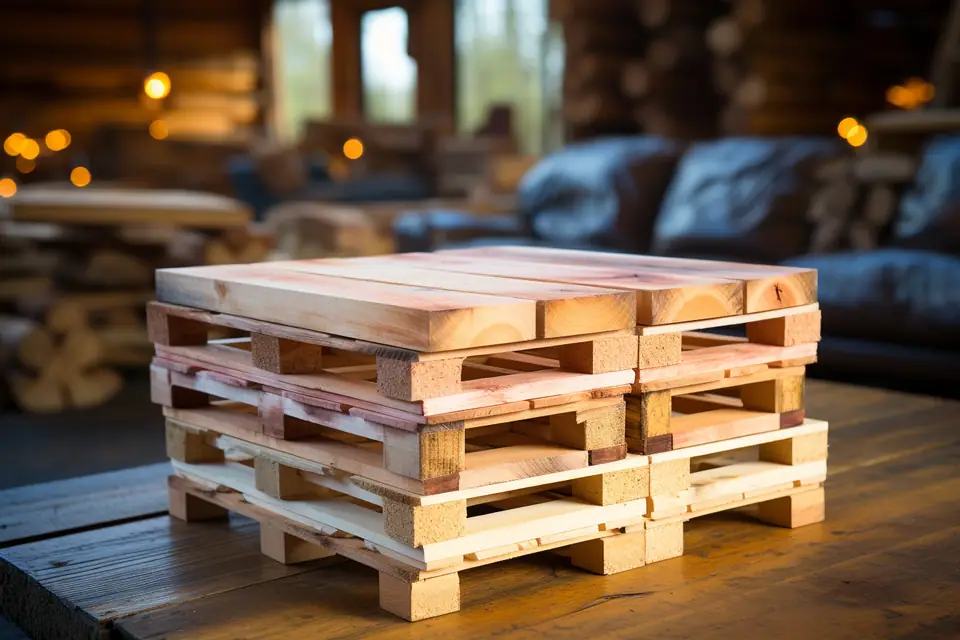 Table basse rectangulaire en bois de palette poncé, montée sur roulettes dans un salon lumineux