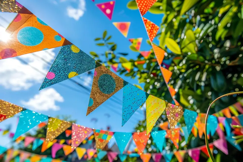 Guirlandes colorées en papier suspendues au-dessus d’une table décorée pour une fête à domicile