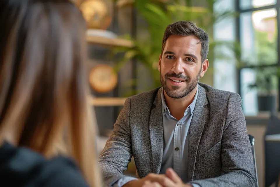 Candidate échangeant avec deux recruteurs autour d’une table dans un bureau lumineux
