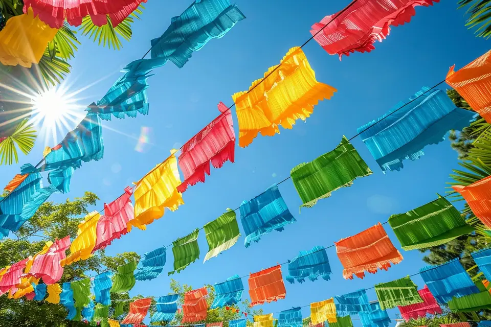 Guirlande frangée multicolore en papier crépon suspendue au-dessus d’une table de fête