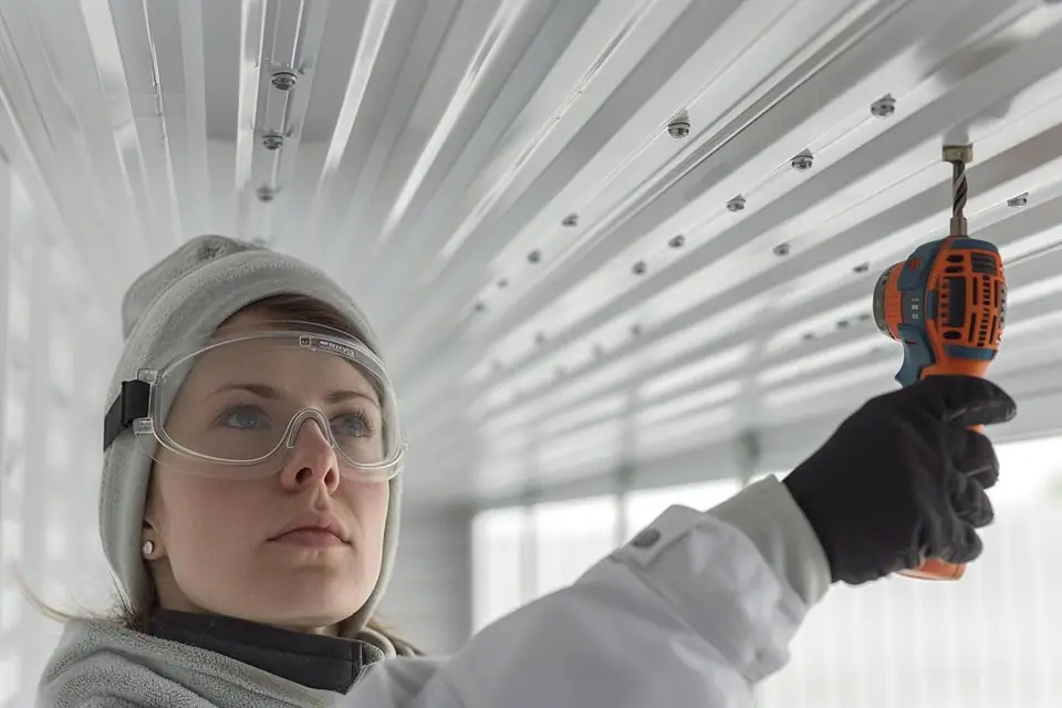 Pose de lames en PVC blanc sur une ossature bois fixée au plafond