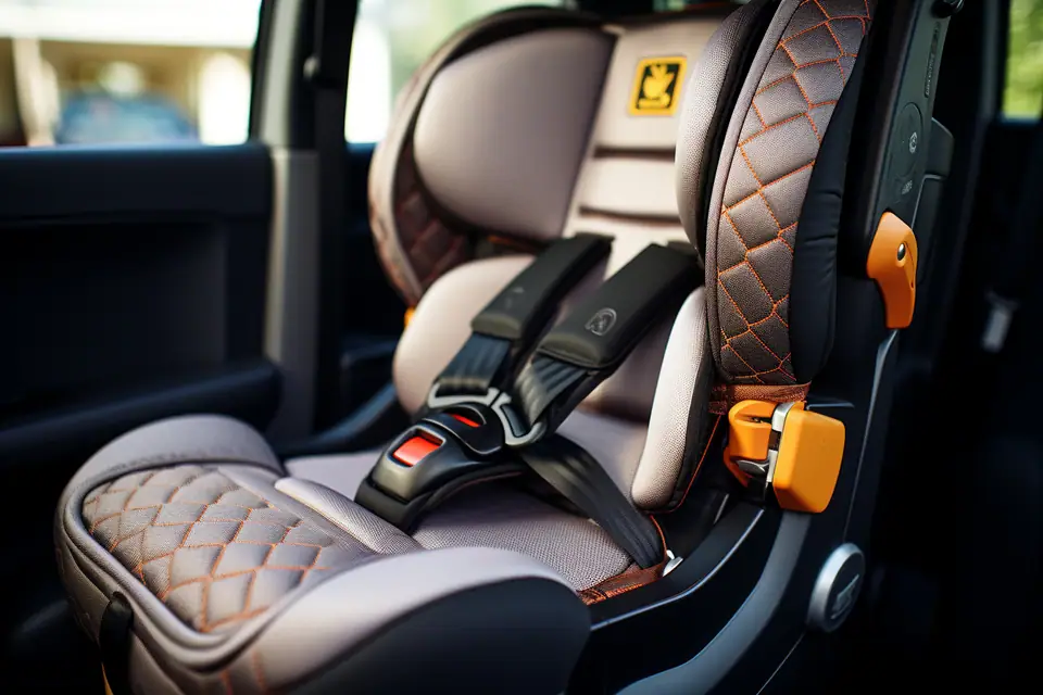 Parent serrant la ceinture trois points autour d’un siège auto installé sur une banquette arrière