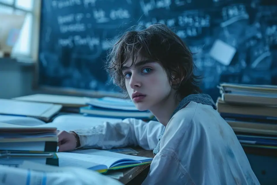 Un lycéen et une adulte travaillent sur des exercices de mathématiques à une table