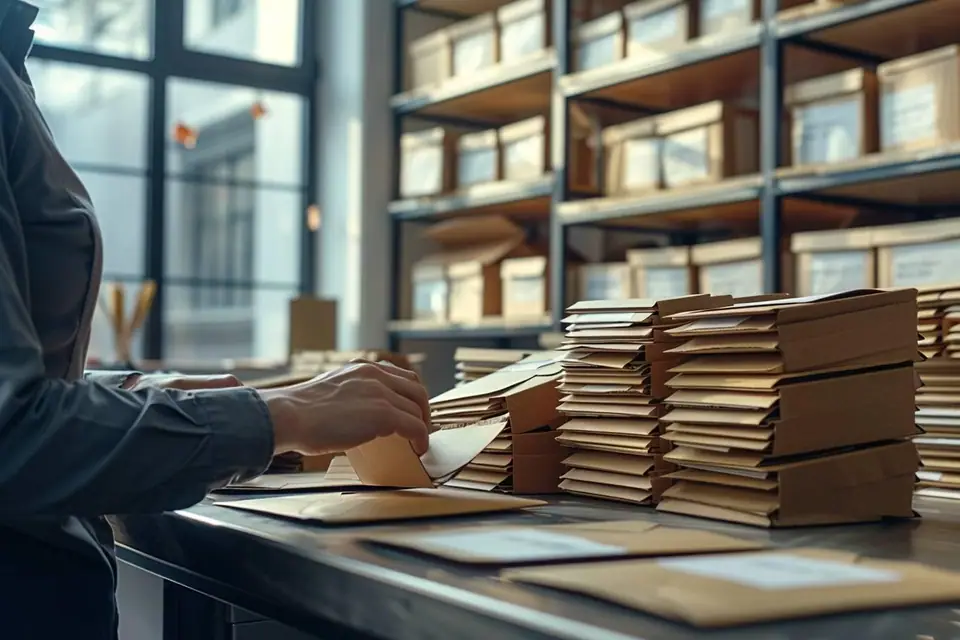 Rayonnage organisé avec enveloppes cartonnées de plusieurs formats, étiquettes de stock et bacs de préparation