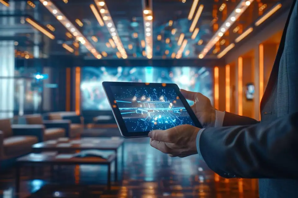 Participants consultant une application événementielle sur smartphone devant un écran de scène interactif