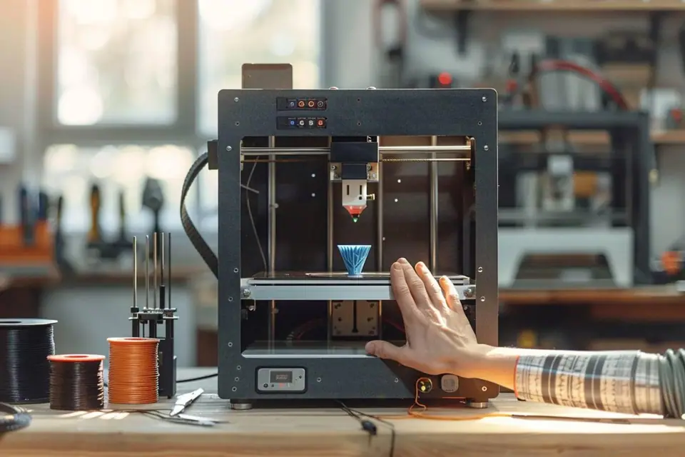 Makers examinant une pièce imprimée en 3D à côté d’un ordinateur portable