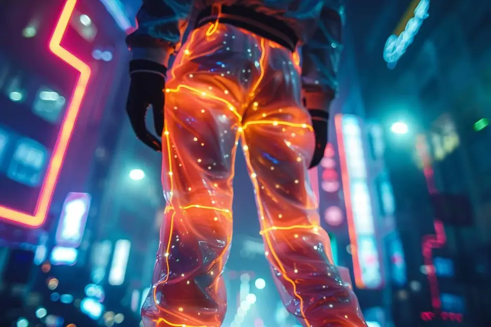 Veste noire à motifs lumineux photographiée dans un atelier textile faiblement éclairé