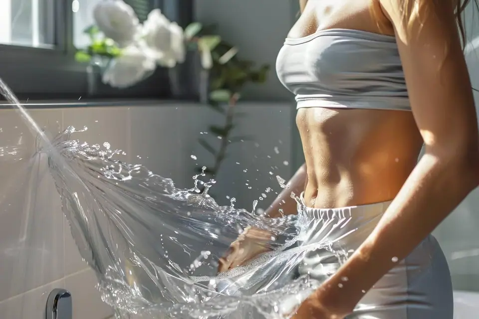 Gaine sculptante noire posée sur une serviette près d’une bassine de lavage