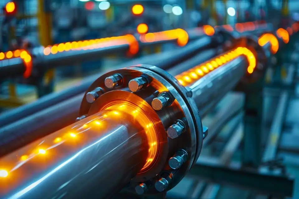 Technicien contrôlant la température d’une pièce métallique devant un four industriel allumé