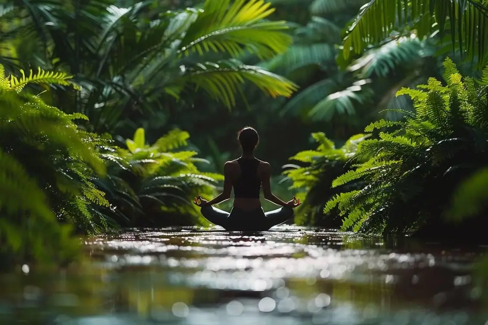 Personne assise sur un tapis de yoga dans un salon lumineux, les yeux fermés