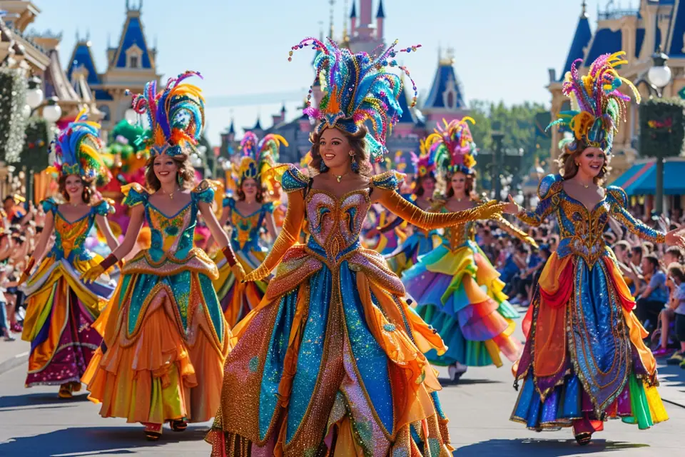 Danseurs costumés et chars colorés lors d’une parade dans un parc à thème