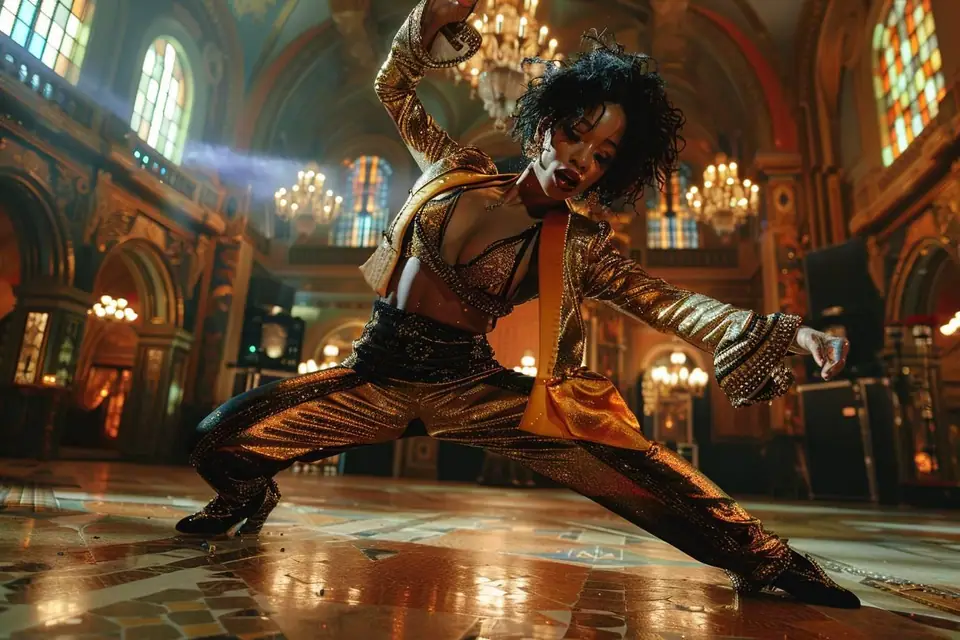 Danseuse exécutant une pose angulaire de voguing dans une salle aux lumières colorées
