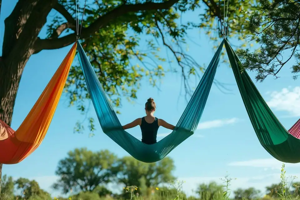 Pratiquante suspendue dans un hamac de tissu dans une salle de yoga lumineuse