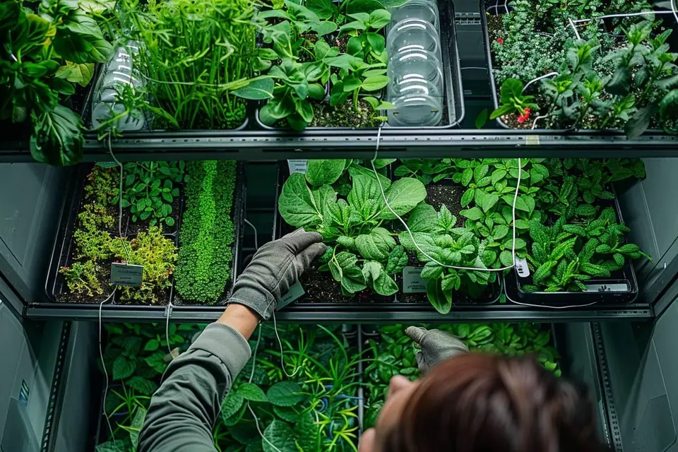 Jeunes salades cultivées dans des gouttières hydroponiques sous éclairage LED intérieur