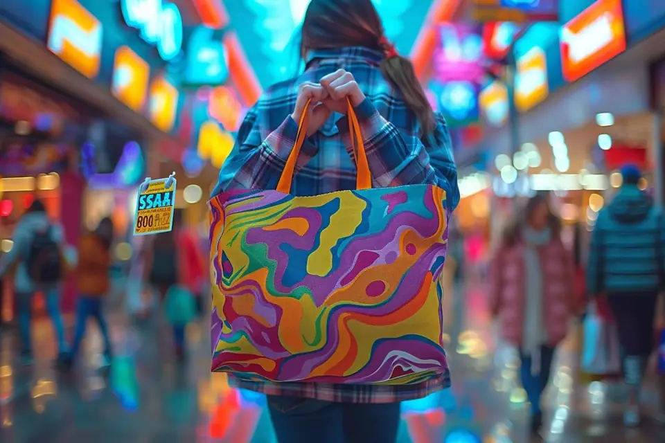 Affiche rouge Soldes posée dans la vitrine d’une boutique de vêtements