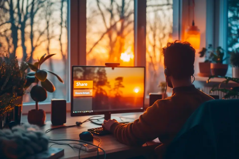 Ordinateur portable affichant une réunion vidéo et le menu de partage d’écran Zoom