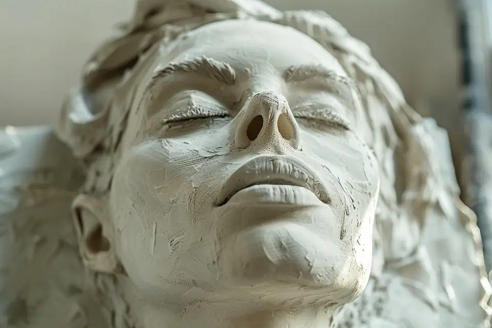 Sculpture en plâtre blanche posée sur un établi avec pinceaux, apprêt et pots de peinture acrylique