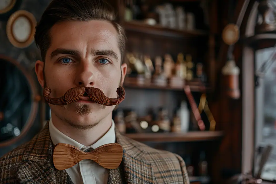 Homme portant un nœud papillon en bois avec moustache taillée et chemise blanche