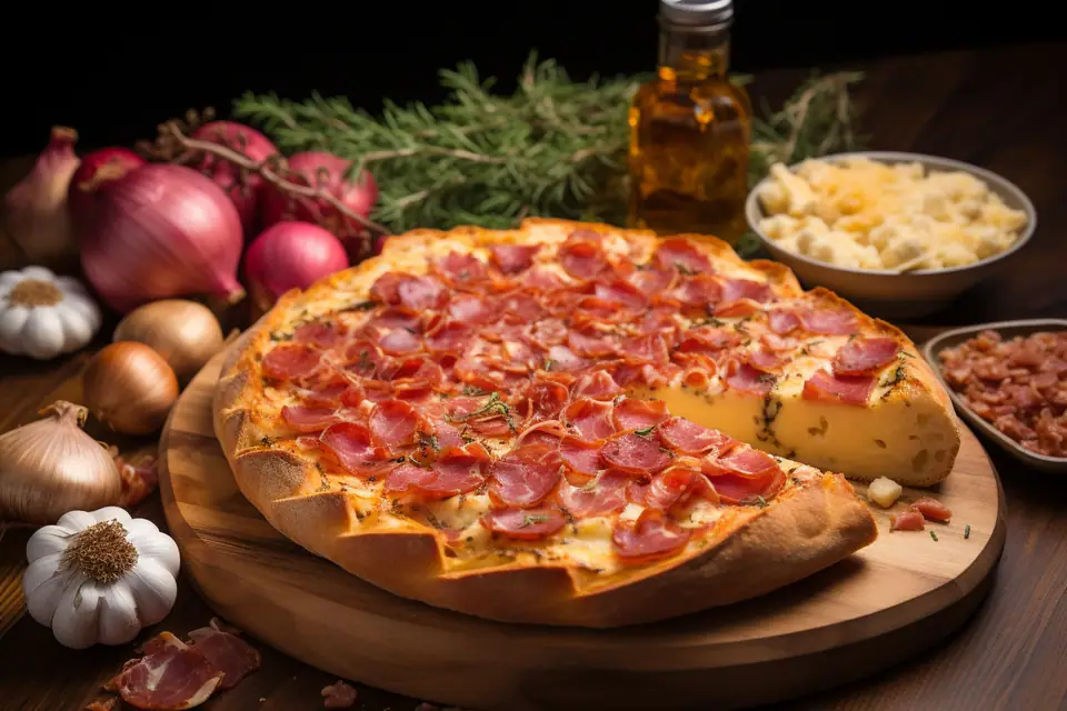 Quiche lorraine dorée dans un moule rond, découpée en parts sur une table en bois