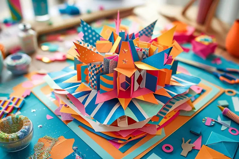 Carte de vœux pop-up ouverte montrant des fleurs en papier coloré en relief