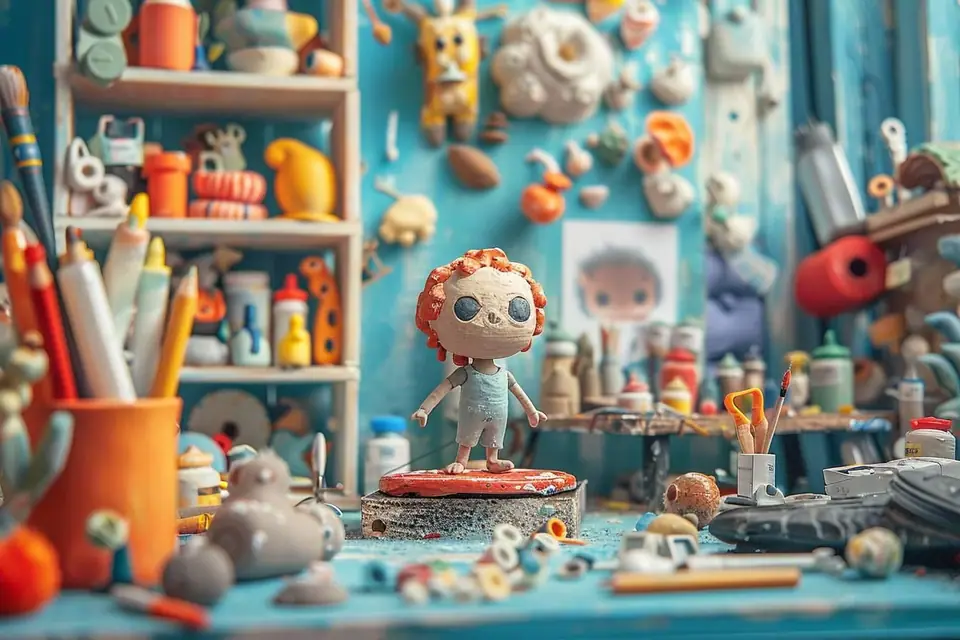 Personnage en pâte à modeler devant un décor miniature, appareil photo sur trépied