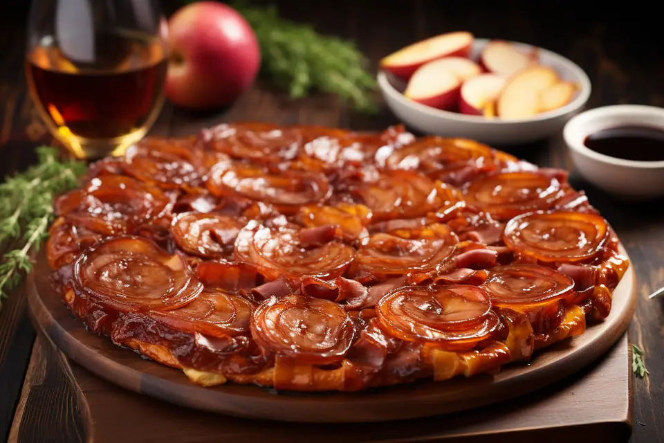 Tarte tatin dorée aux pommes caramélisées retournée sur un grand plat de service