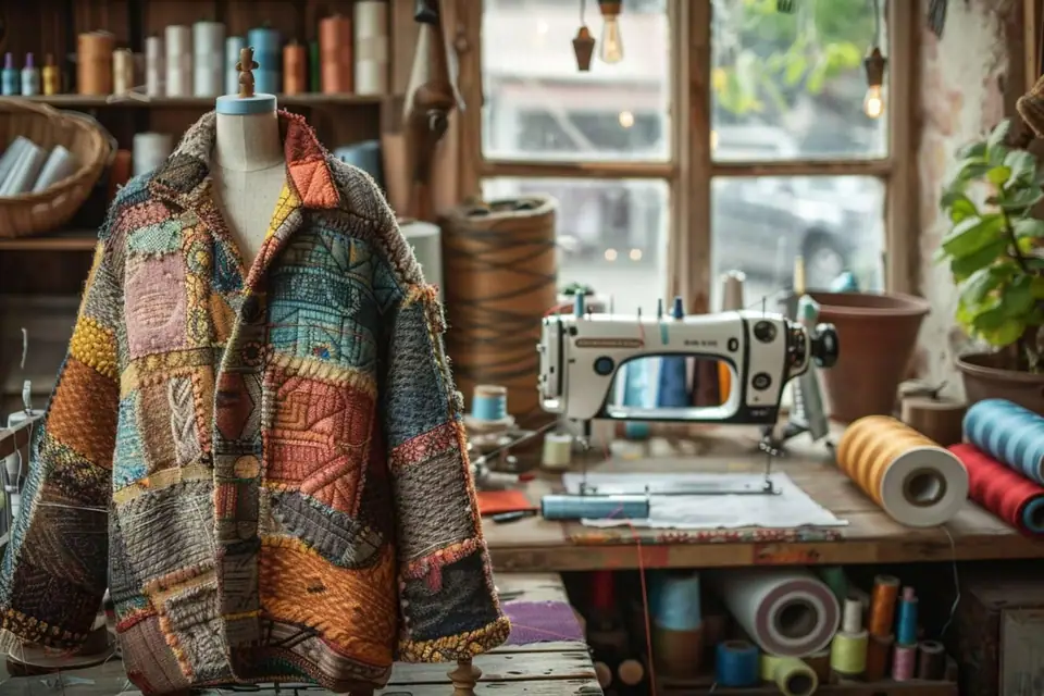 Veste patchwork matelassée aux tons terre suspendue près d’une machine à coudre