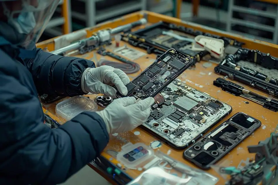 Plusieurs pièces d’iPhone triées près d’une boîte de collecte pour appareils électroniques