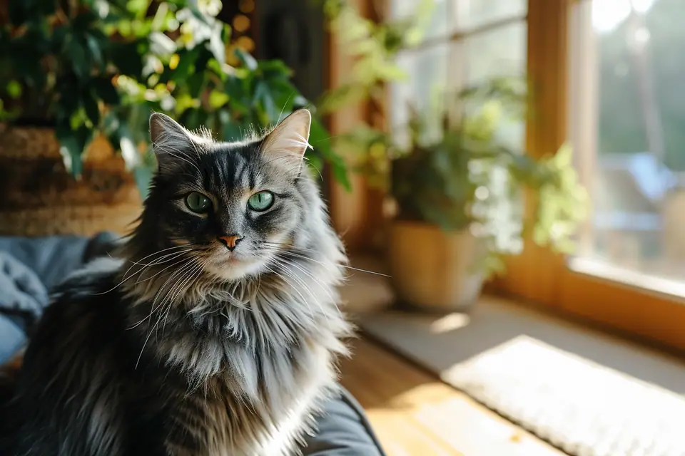 Chat tigré installé sur une étagère près d’une fenêtre dans un salon calme