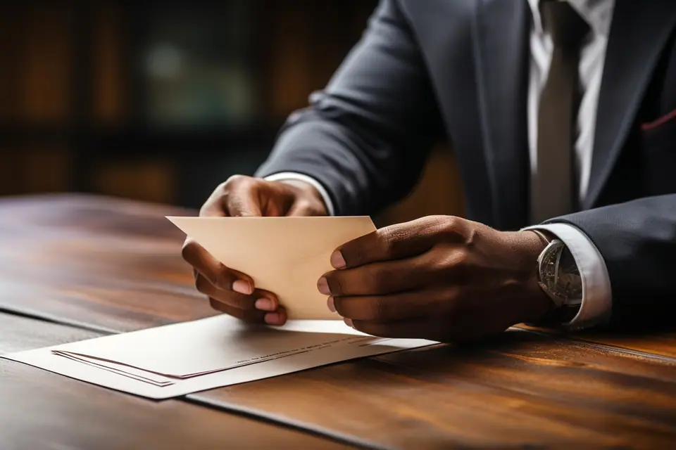 Main écrivant une adresse postale sur une enveloppe blanche affranchie posée sur un bureau