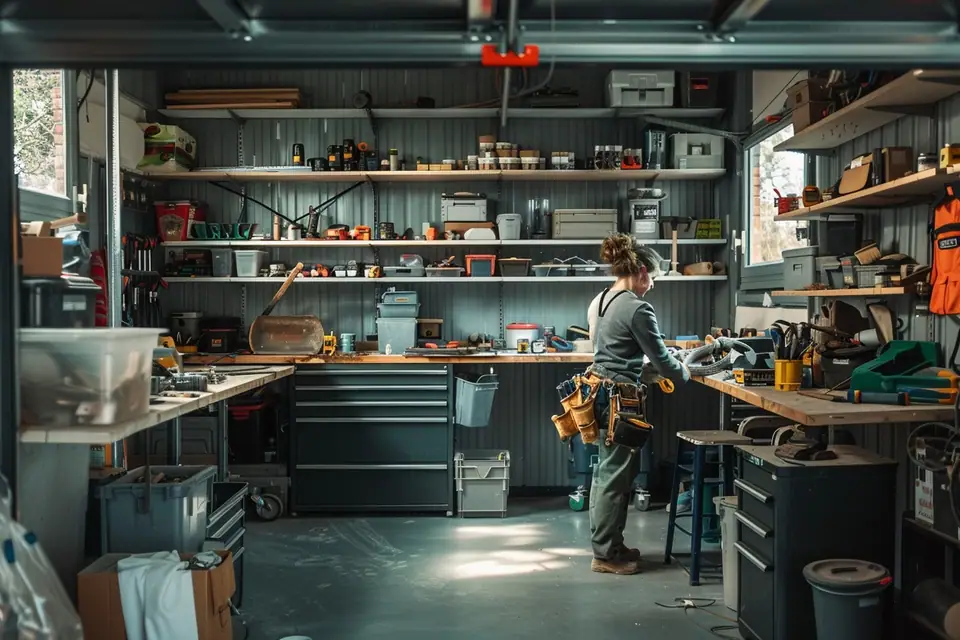 Garage rénové avec sol gris, rangements muraux, éclairage LED et porte sectionnelle blanche