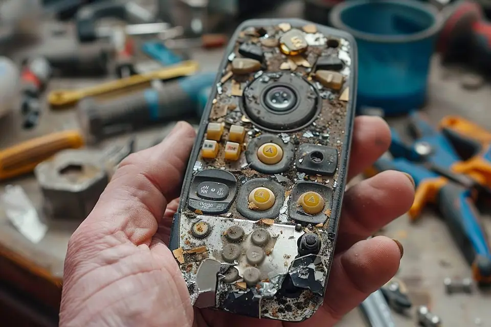 Main tenant une télécommande ouverte avec piles et coton-tige sur une table