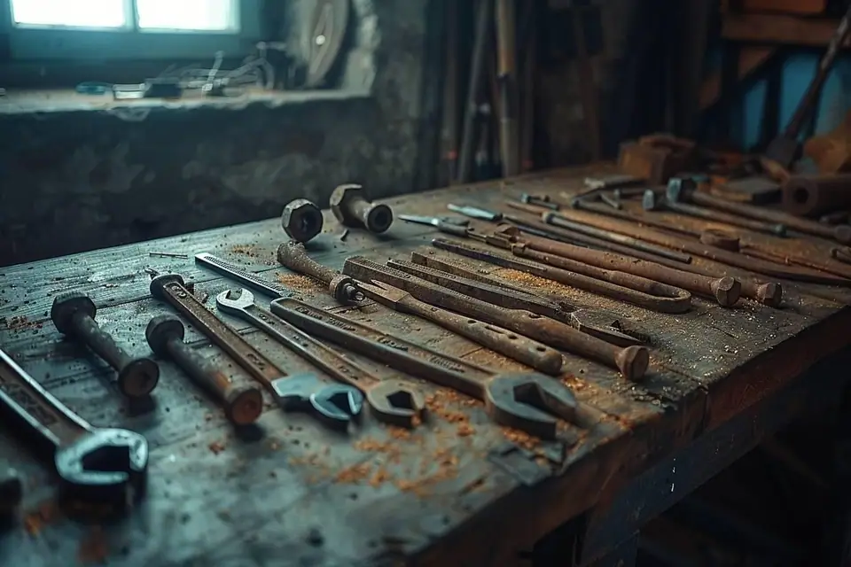 Établi en bois avec vieux marteaux, pinces et rabots rouillés en cours de restauration