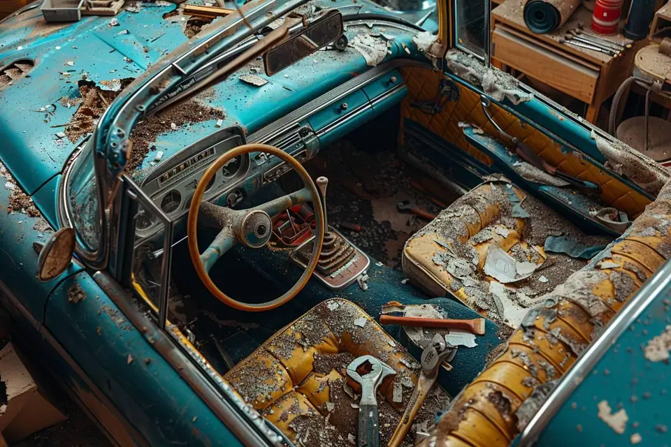 Habitacle de voiture ancienne avec sièges déposés, panneaux de portes et outils de sellerie