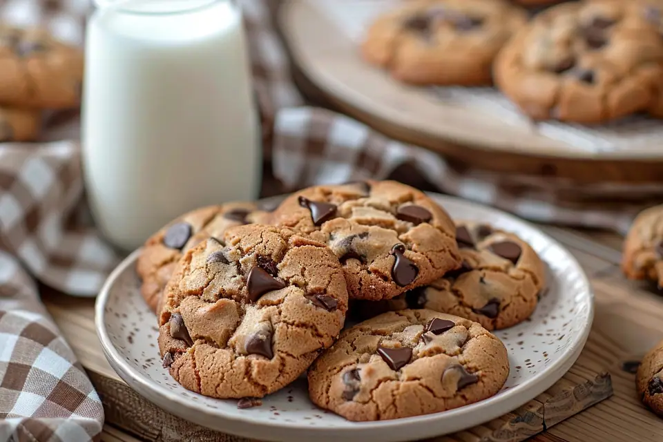 Douze cookies épais aux pépites de chocolat refroidissent sur une grille près d’une plaque de cuisson.