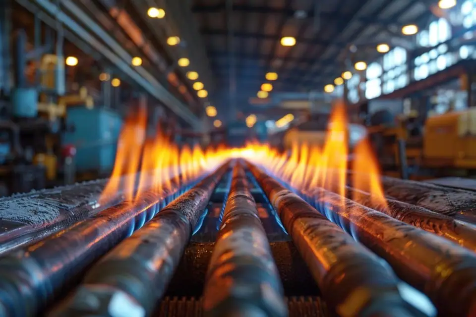 Tubes radiants à gaz suspendus sous le plafond d’un atelier industriel lumineux