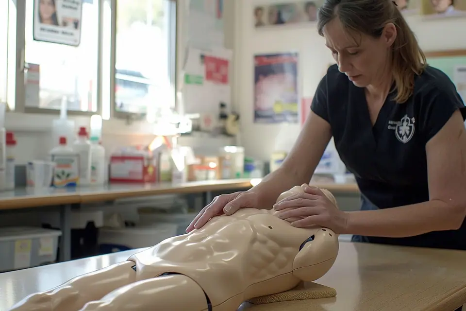Une formatrice montre un massage cardiaque sur un mannequin devant des stagiaires adultes