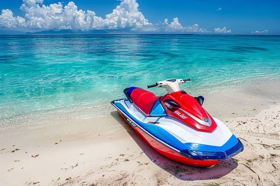Deux personnes équipées de gilets sur une moto nautique au large de la côte de Tenerife