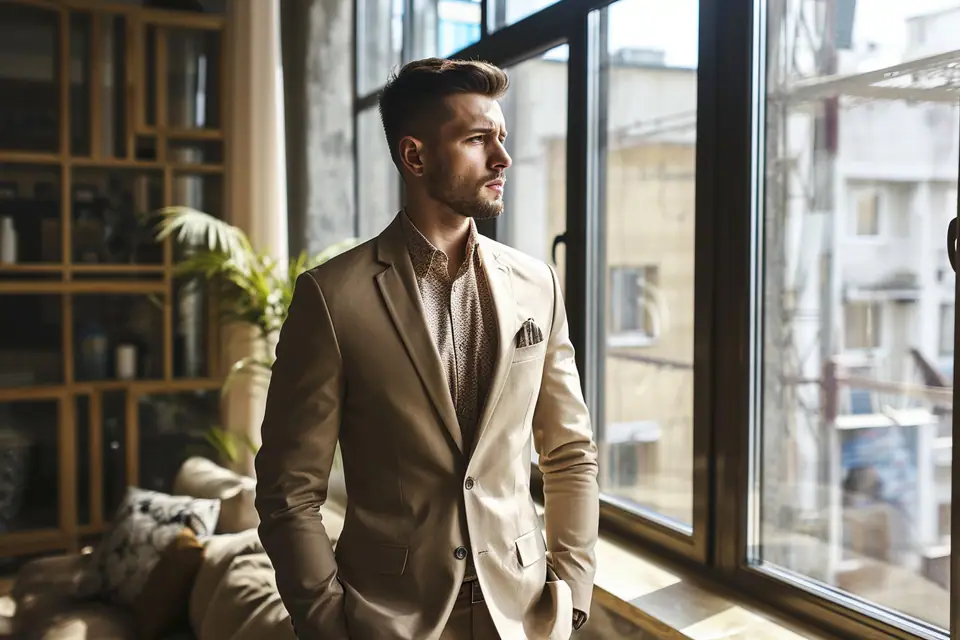 Homme essayant une veste ajustée et un pantalon droit devant un miroir