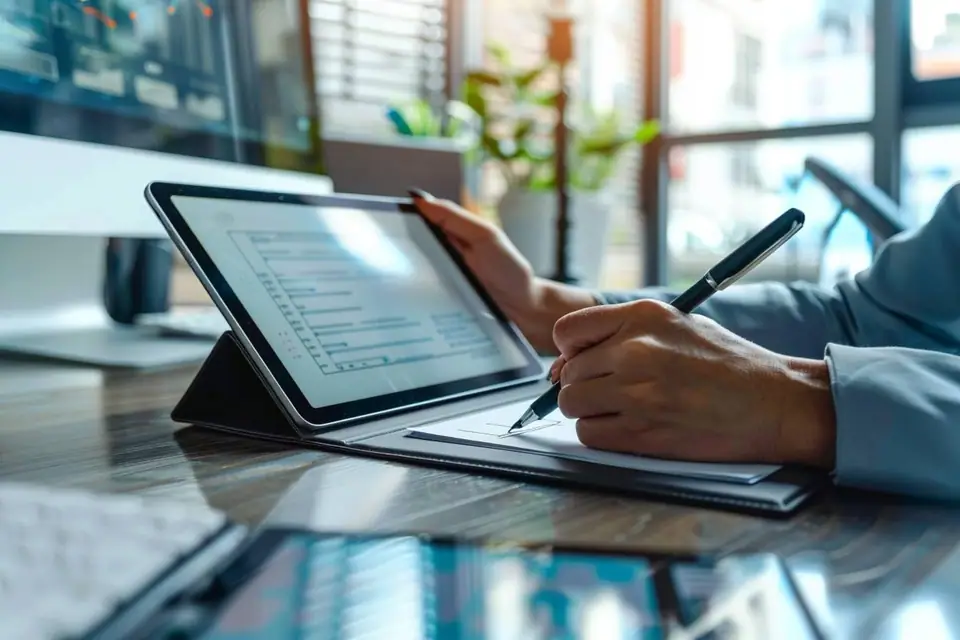 Personne signant un document PDF sur ordinateur avec un téléphone posé à côté