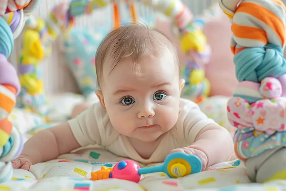 Bébé éveillé sur un tapis ferme, manipulant un anneau textile sous le regard d’un adulte