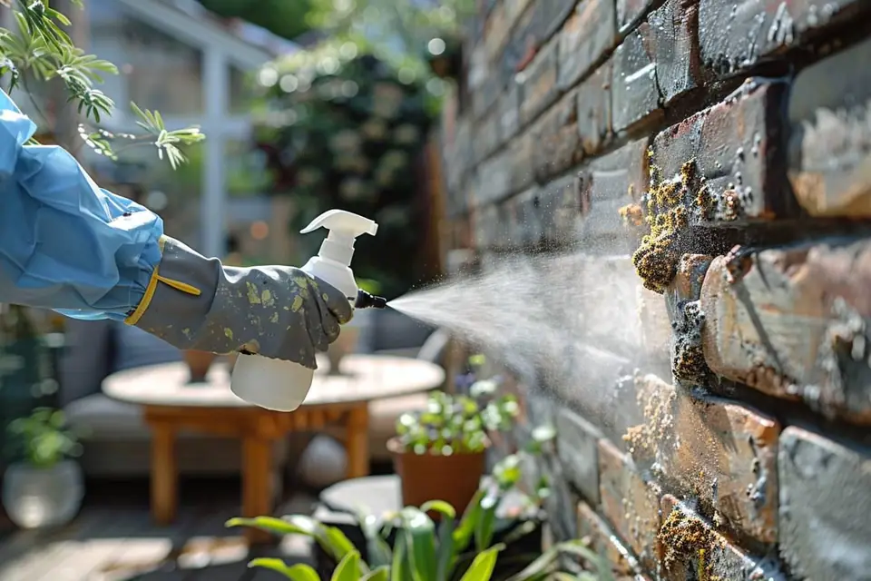Terrasse en dalles avec dépôts verts, brosse, seau et végétation protégée à proximité