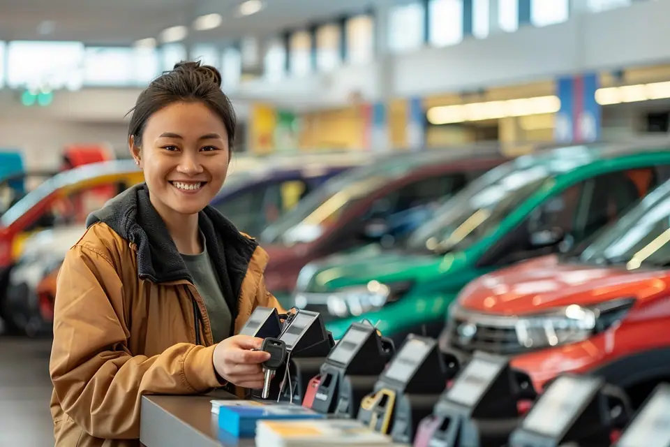 Minibus neuf de neuf places stationné devant une agence de location française