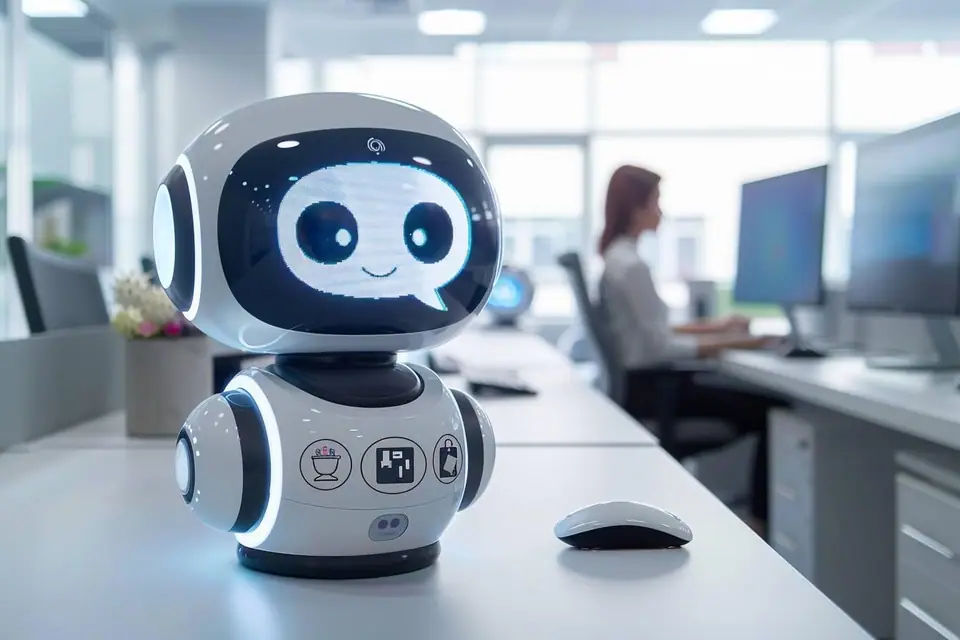 Conseillère service client consultant une conversation de chatbot sur ordinateur portable dans un bureau