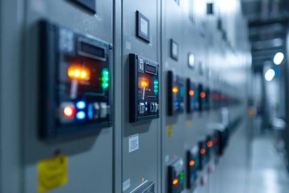 Tableau électrique résidentiel ouvert avec disjoncteurs modulaires et interrupteurs différentiels identifiés