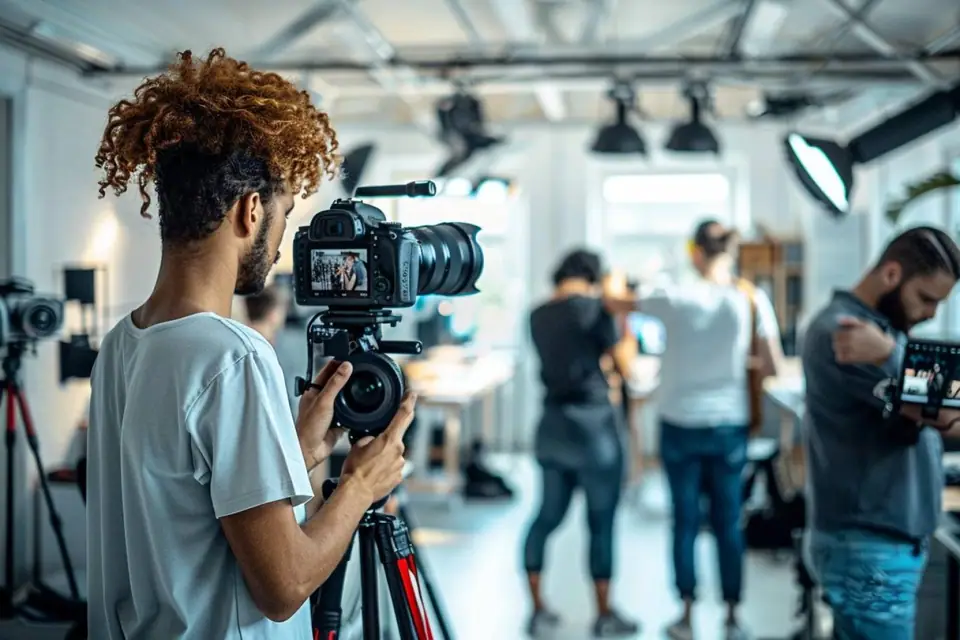 Équipe de production préparant une caméra et des éclairages dans un espace de travail