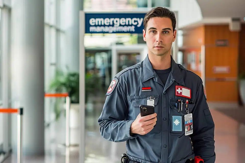 Concierge consultant son téléphone devant la porte d’un appartement en location