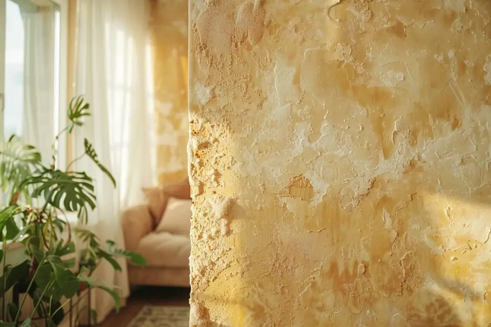 Mur intérieur ancien marqué de dépôts blancs poudreux au bas d’un angle