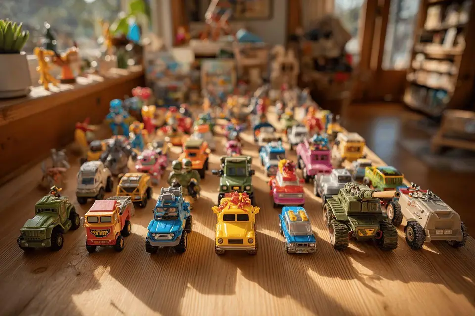Enfant disposant des figurines, des cubes et un véhicule sur un tapis de jeu
