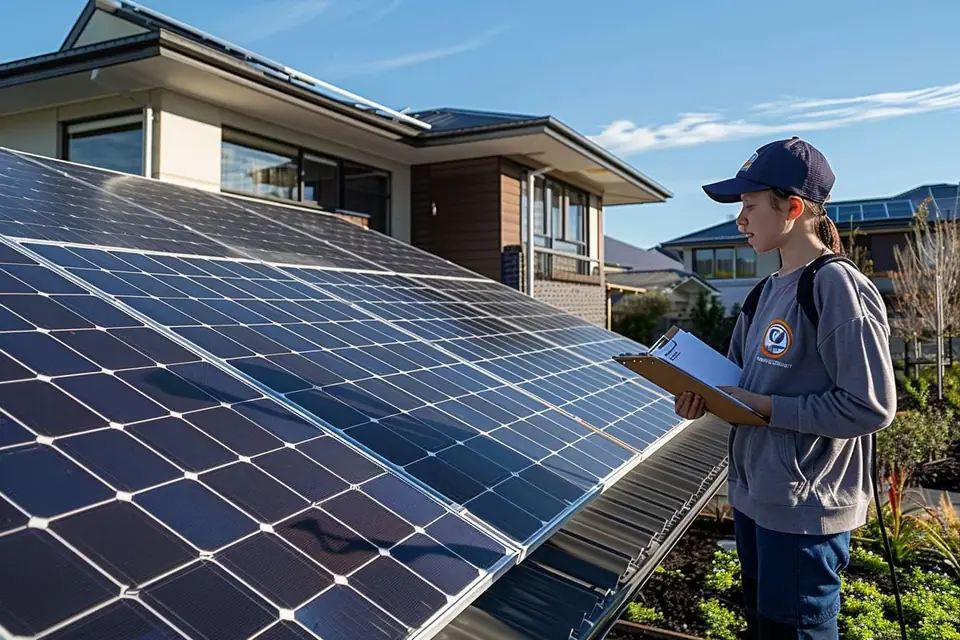 Installateur contrôlant des panneaux photovoltaïques sur une toiture résidentielle avec un multimètre